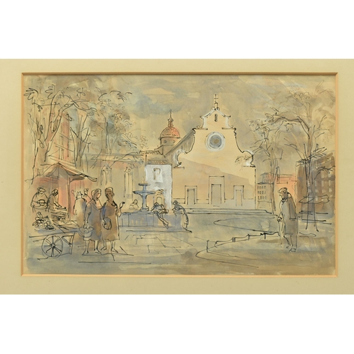 304 - JOHN VERNEY (1913-1993) 'SANTA SPIRITO III', a street scene depicting the church in Florence, faded ... 