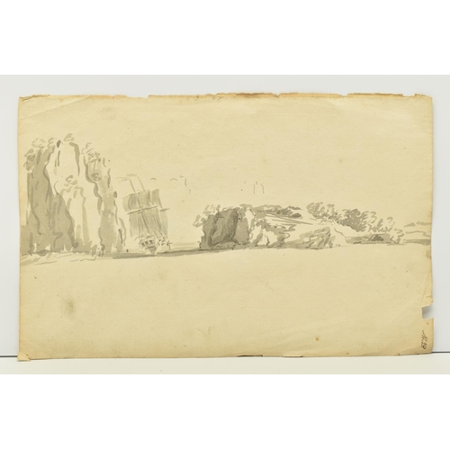 313 - SIX PAGES OF UNSIGNED 19TH CENTURY SKETCHES AND A WATERCOLOUR FRAGMENT, comprising a fragment of a w... 