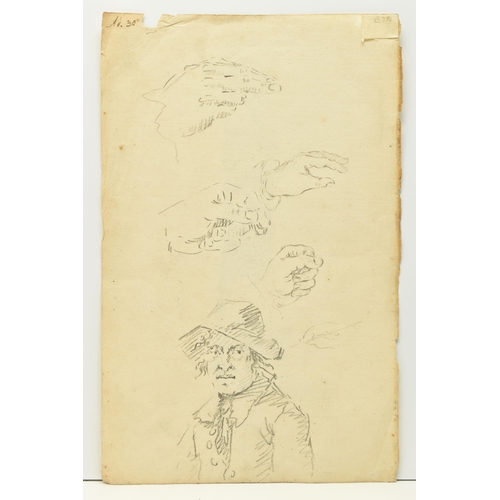 313 - SIX PAGES OF UNSIGNED 19TH CENTURY SKETCHES AND A WATERCOLOUR FRAGMENT, comprising a fragment of a w... 