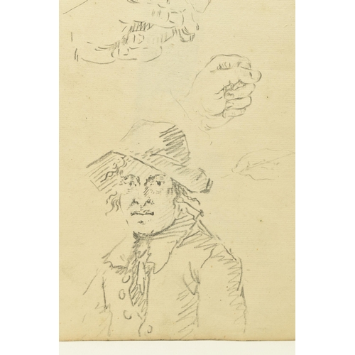 313 - SIX PAGES OF UNSIGNED 19TH CENTURY SKETCHES AND A WATERCOLOUR FRAGMENT, comprising a fragment of a w... 