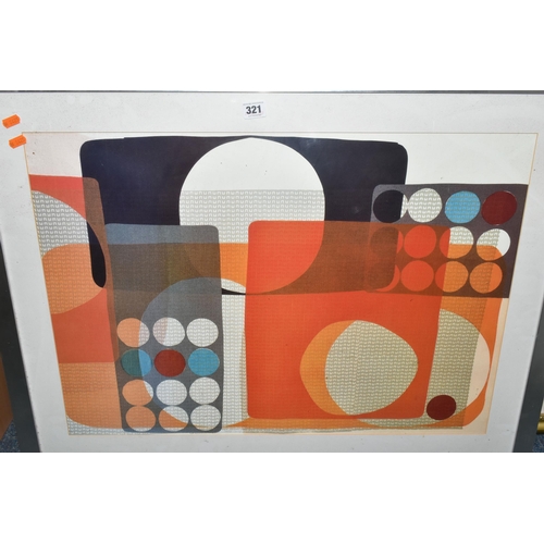 321 - FIVE DECORATIVE PRINTS, comprising a Sean Bennett abstract design, approximate size 51cm x 72cm, a p... 