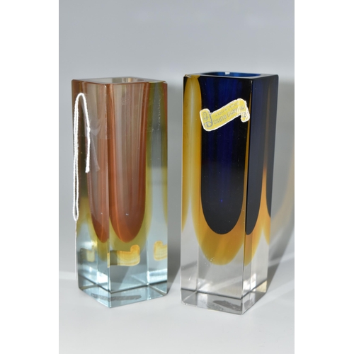 323 - TWO MID-CENTURY MURANO GLASS VASES, rectangular form Sommerso vases with original yellow and silver ... 