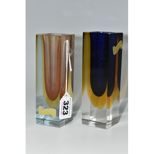 323 - TWO MID-CENTURY MURANO GLASS VASES, rectangular form Sommerso vases with original yellow and silver ... 