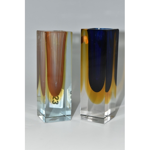 323 - TWO MID-CENTURY MURANO GLASS VASES, rectangular form Sommerso vases with original yellow and silver ... 