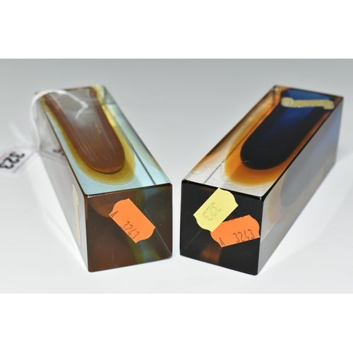 323 - TWO MID-CENTURY MURANO GLASS VASES, rectangular form Sommerso vases with original yellow and silver ... 