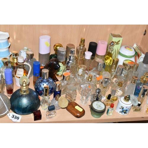 330 - A COLLECTION OF VINTAGE PERFUME AND SCENT BOTTLES, comprising a Royal Brierley iridescent blue glass... 