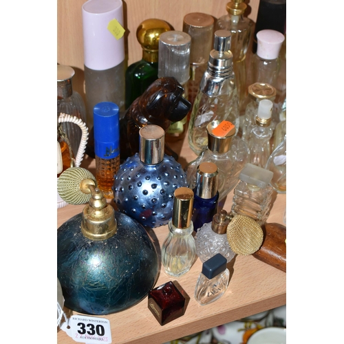 330 - A COLLECTION OF VINTAGE PERFUME AND SCENT BOTTLES, comprising a Royal Brierley iridescent blue glass... 