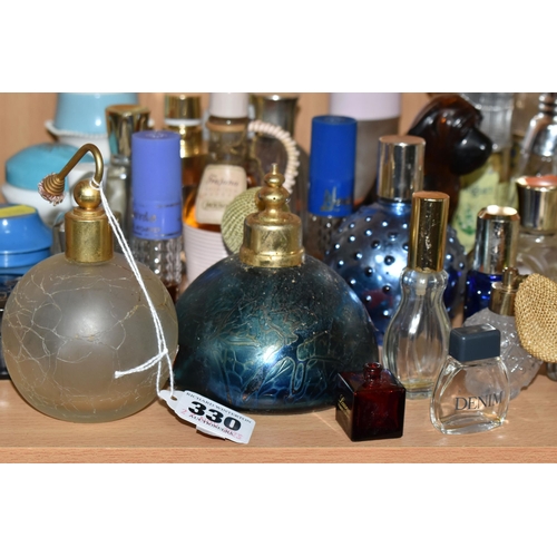 330 - A COLLECTION OF VINTAGE PERFUME AND SCENT BOTTLES, comprising a Royal Brierley iridescent blue glass... 