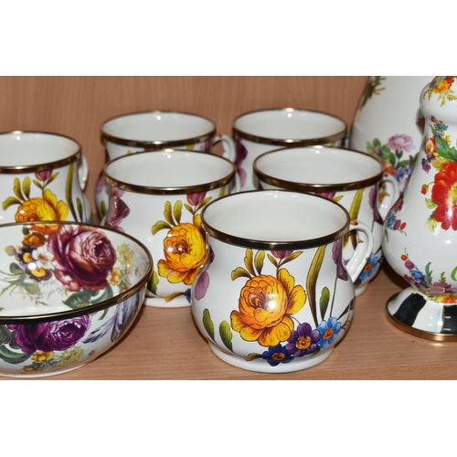 332 - A COLLECTION OF MACKENZIE-CHILDS 'FLOWER MARKET' DESIGN MUGS, hand decorated enamelware with floral ... 