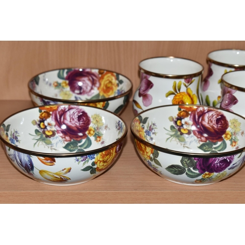 332 - A COLLECTION OF MACKENZIE-CHILDS 'FLOWER MARKET' DESIGN MUGS, hand decorated enamelware with floral ... 