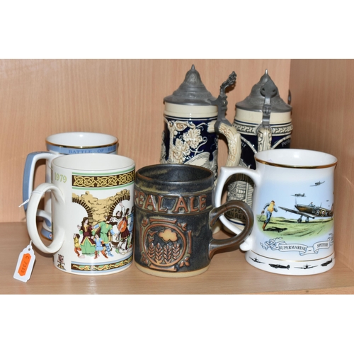 340 - A COLLECTION OF TANKARDS, comprising a 1979 Wedgwood 'Father's Mug- The Vikings', a Royal Doulton li... 