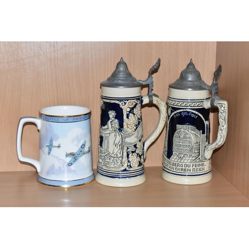 340 - A COLLECTION OF TANKARDS, comprising a 1979 Wedgwood 'Father's Mug- The Vikings', a Royal Doulton li... 