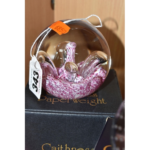 343 - FIVE CAITHNESS GLASS PAPERWEIGHTS, comprising four boxed 'Pink Champagne', 'Moonflower', 'Cauldron',... 