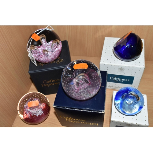 343 - FIVE CAITHNESS GLASS PAPERWEIGHTS, comprising four boxed 'Pink Champagne', 'Moonflower', 'Cauldron',... 