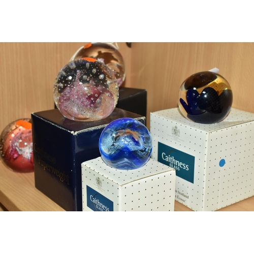 343 - FIVE CAITHNESS GLASS PAPERWEIGHTS, comprising four boxed 'Pink Champagne', 'Moonflower', 'Cauldron',... 