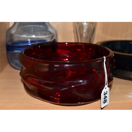 348 - FOUR PIECES OF STUDIO GLASS, comprising a red Whitefriars knobbly bowl, height 7.5cm x diameter 18cm... 