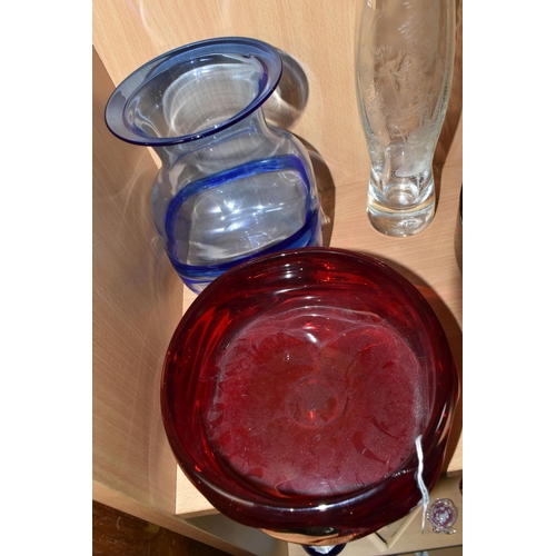 348 - FOUR PIECES OF STUDIO GLASS, comprising a red Whitefriars knobbly bowl, height 7.5cm x diameter 18cm... 