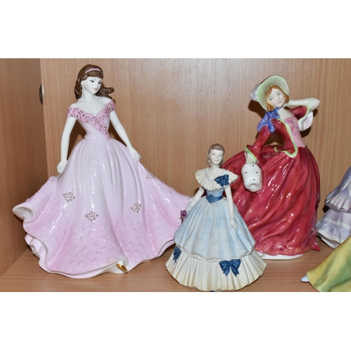 354 - SIX ROYAL DOULTON AND COALPORT FIGURINES, comprising Royal Doulton: Secret Thoughts HN2382 (small fi... 