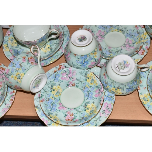 355 - A TWENTY FIVE PIECE SHELLEY 'MELODY' TEA SET, comprising a teapot, a cake plate, a cream jug, a suga... 