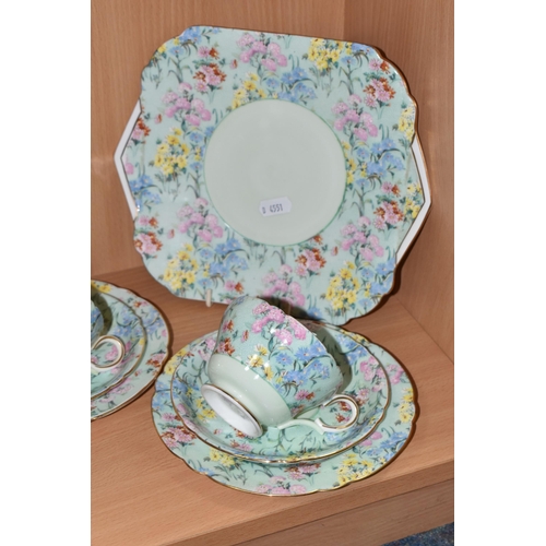 355 - A TWENTY FIVE PIECE SHELLEY 'MELODY' TEA SET, comprising a teapot, a cake plate, a cream jug, a suga... 