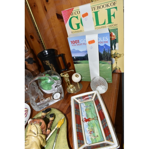 356 - A GROUP OF GOLFING RELATED ITEMS, to include a Stuart Crystal round decanter with golfer design, a D... 