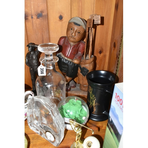 356 - A GROUP OF GOLFING RELATED ITEMS, to include a Stuart Crystal round decanter with golfer design, a D... 