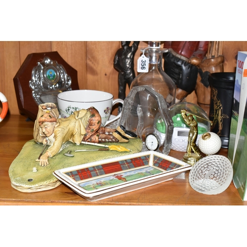 356 - A GROUP OF GOLFING RELATED ITEMS, to include a Stuart Crystal round decanter with golfer design, a D... 