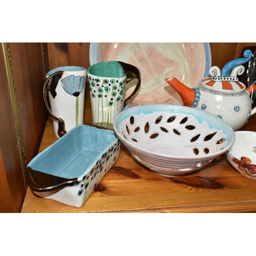 357 - A GROUP OF STUDIO CERAMICS, comprising a quirky teapot signed 'Lalla?' to base, a bowl by Vivienne R... 