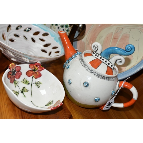 357 - A GROUP OF STUDIO CERAMICS, comprising a quirky teapot signed 'Lalla?' to base, a bowl by Vivienne R... 