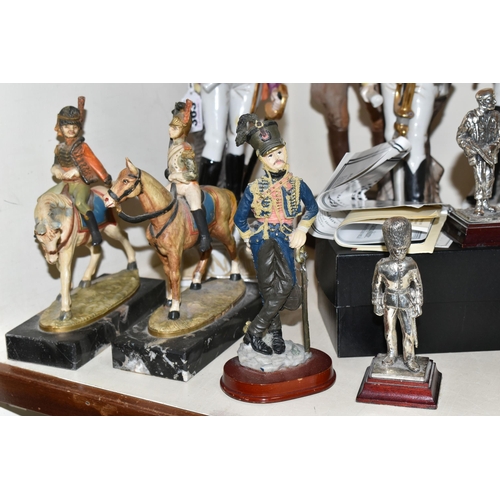 363 - NINE MILITARY FIGURES, to include boxed Royal Hampshire silver plated figure 'The Paratrooper' and u... 