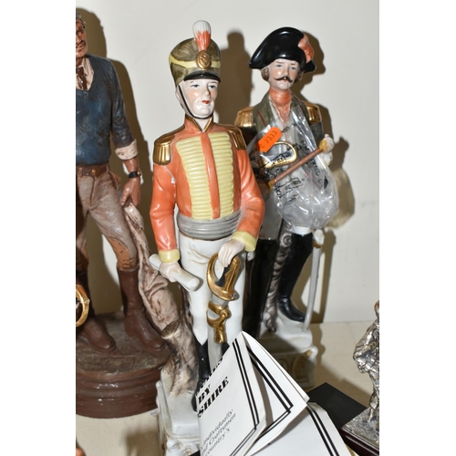 363 - NINE MILITARY FIGURES, to include boxed Royal Hampshire silver plated figure 'The Paratrooper' and u... 