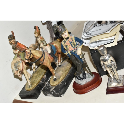 363 - NINE MILITARY FIGURES, to include boxed Royal Hampshire silver plated figure 'The Paratrooper' and u... 