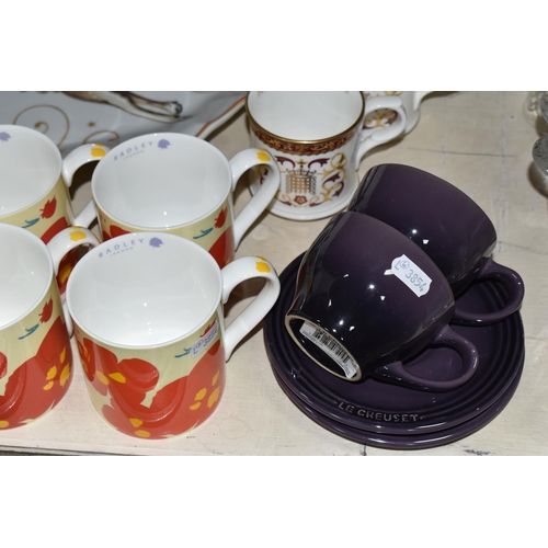 367 - A GROUP OF CERAMICS, comprising two purple Le Creuset teacups and saucers, four Radley 'Spring-Summe... 