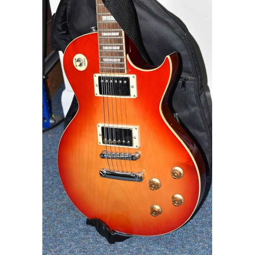 368 - A 'VINTAGE' LES PAUL TYPE GUITAR, bolt on neck, soft case and shoulder strap, cherry burst colour (1... 