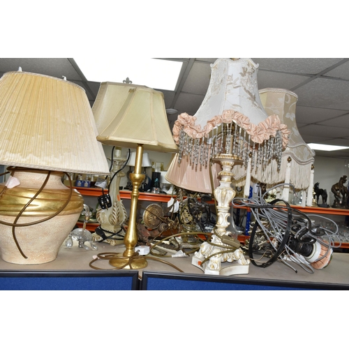 370 - A LARGE QUANTITY OF TABLE LAMPS, SHADES AND CEILING LIGHTS, comprising a six flame gilt metal candel... 