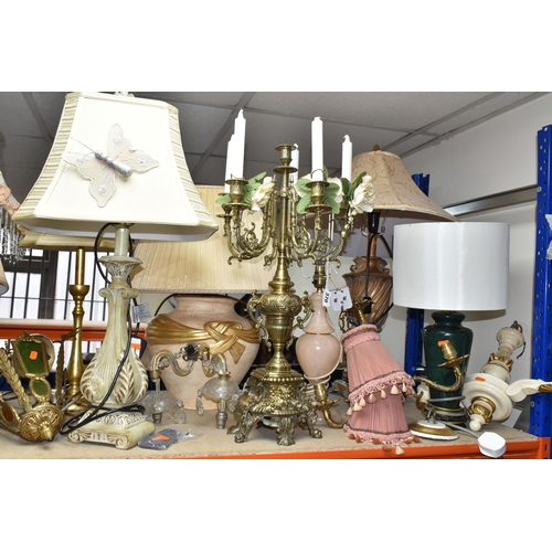 370 - A LARGE QUANTITY OF TABLE LAMPS, SHADES AND CEILING LIGHTS, comprising a six flame gilt metal candel... 