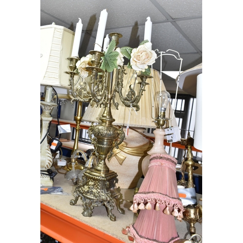 370 - A LARGE QUANTITY OF TABLE LAMPS, SHADES AND CEILING LIGHTS, comprising a six flame gilt metal candel... 