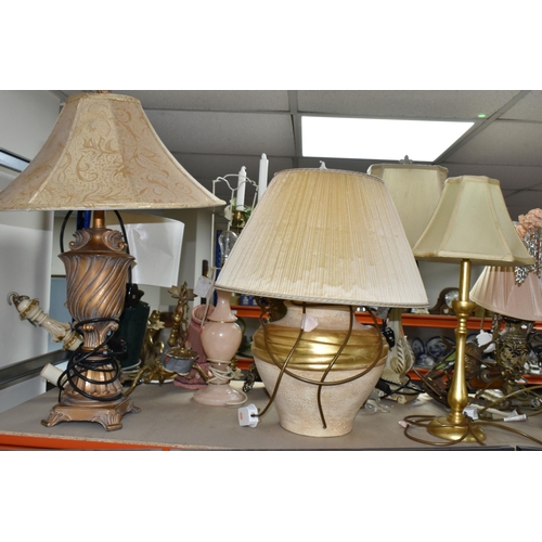 370 - A LARGE QUANTITY OF TABLE LAMPS, SHADES AND CEILING LIGHTS, comprising a six flame gilt metal candel... 