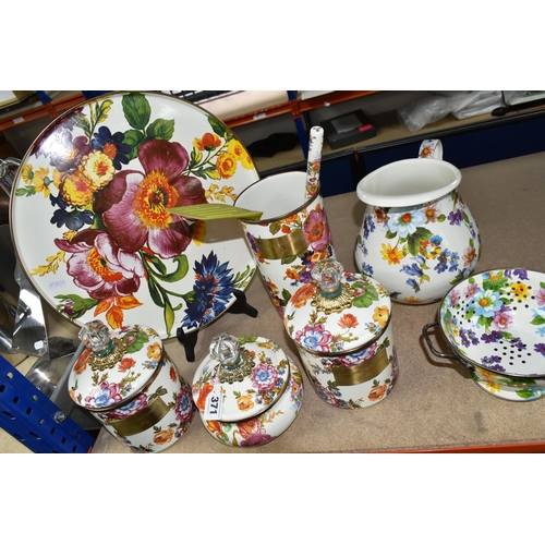 371 - A QUANTITY OF MACKENZIE-CHILDS 'FLOWER MARKET' DESIGN KITCHENWARE,  hand decorated enamelware with f... 