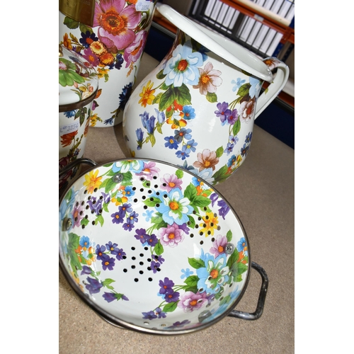 371 - A QUANTITY OF MACKENZIE-CHILDS 'FLOWER MARKET' DESIGN KITCHENWARE,  hand decorated enamelware with f... 