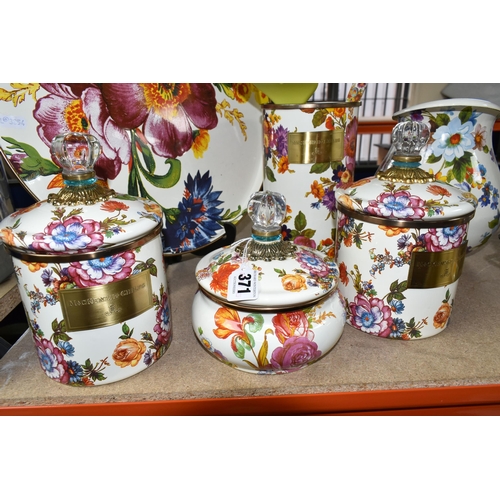 371 - A QUANTITY OF MACKENZIE-CHILDS 'FLOWER MARKET' DESIGN KITCHENWARE,  hand decorated enamelware with f... 