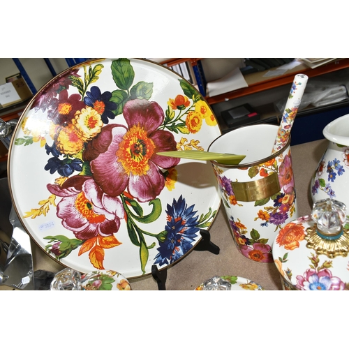 371 - A QUANTITY OF MACKENZIE-CHILDS 'FLOWER MARKET' DESIGN KITCHENWARE,  hand decorated enamelware with f... 