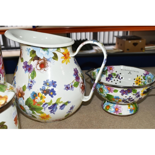 371 - A QUANTITY OF MACKENZIE-CHILDS 'FLOWER MARKET' DESIGN KITCHENWARE,  hand decorated enamelware with f... 