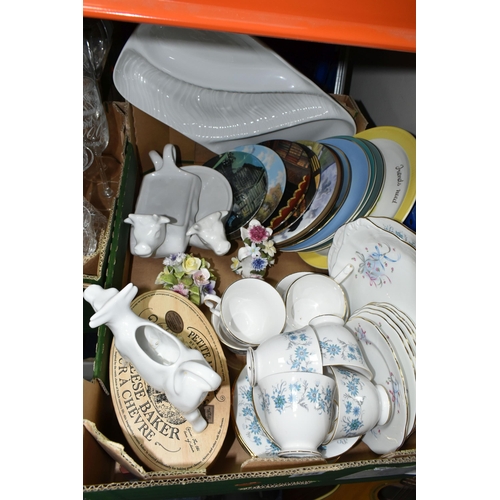 375 - THREE BOXES OF CERAMICS AND GLASSWARE, to include Royal Albert 'Buttons & Bows' pattern cake plate a... 