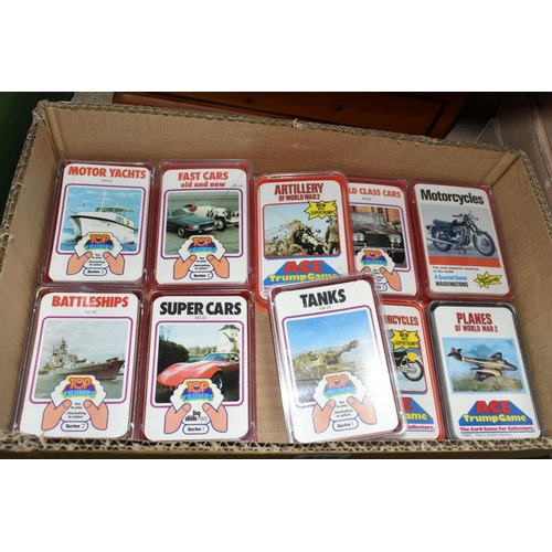 376 - TWO BOXES OF TREEN, WRITING SLOPE, COLLECTOR'S PLATES AND A COLLECTION OF TOP TRUMPS CARDS, to inclu... 