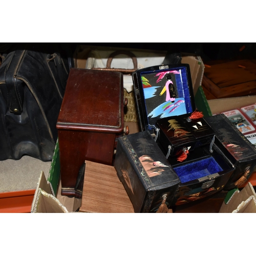 376 - TWO BOXES OF TREEN, WRITING SLOPE, COLLECTOR'S PLATES AND A COLLECTION OF TOP TRUMPS CARDS, to inclu... 