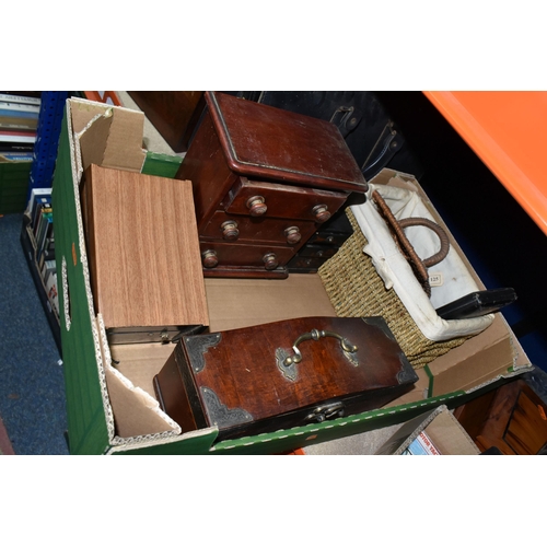 376 - TWO BOXES OF TREEN, WRITING SLOPE, COLLECTOR'S PLATES AND A COLLECTION OF TOP TRUMPS CARDS, to inclu... 