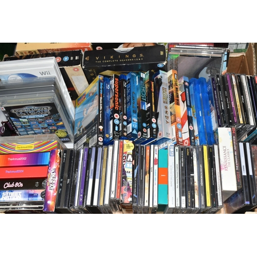 379 - FIVE BOXES OF C.DS, D.V.DS AND VIDEOS, to include films, Cinderella, Lion King, The Godfather, John ... 