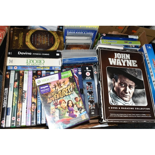 379 - FIVE BOXES OF C.DS, D.V.DS AND VIDEOS, to include films, Cinderella, Lion King, The Godfather, John ... 