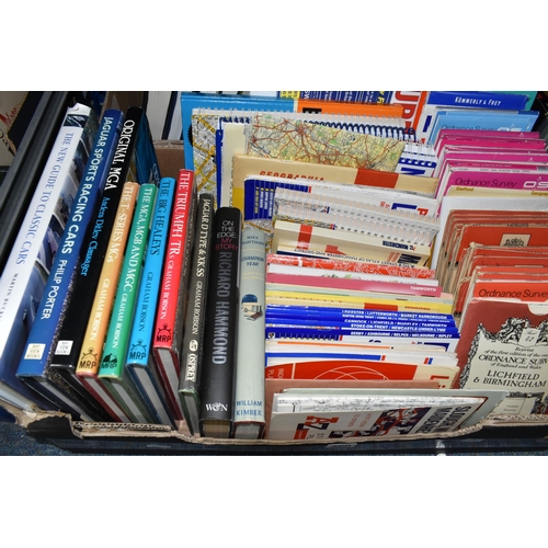 380 - TWO BOXES OF BOOKS AND MAPS, many car and vehicle related books, to include Jaguar D Type, The Trium... 